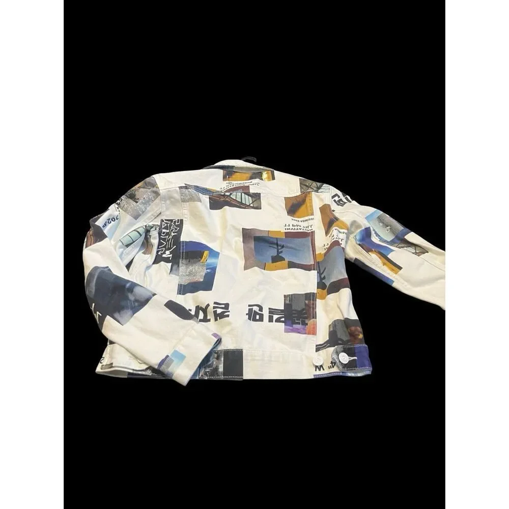 BDG Urban Outfitters Mens White Blue Graphic Print Oversized Denim Jacket Small